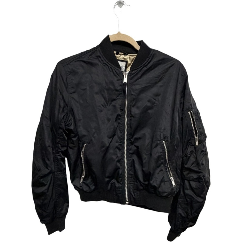 GAP Black Bomber Jacket Womens XS Satin Lined Zip Front Lightweight Utility Coat